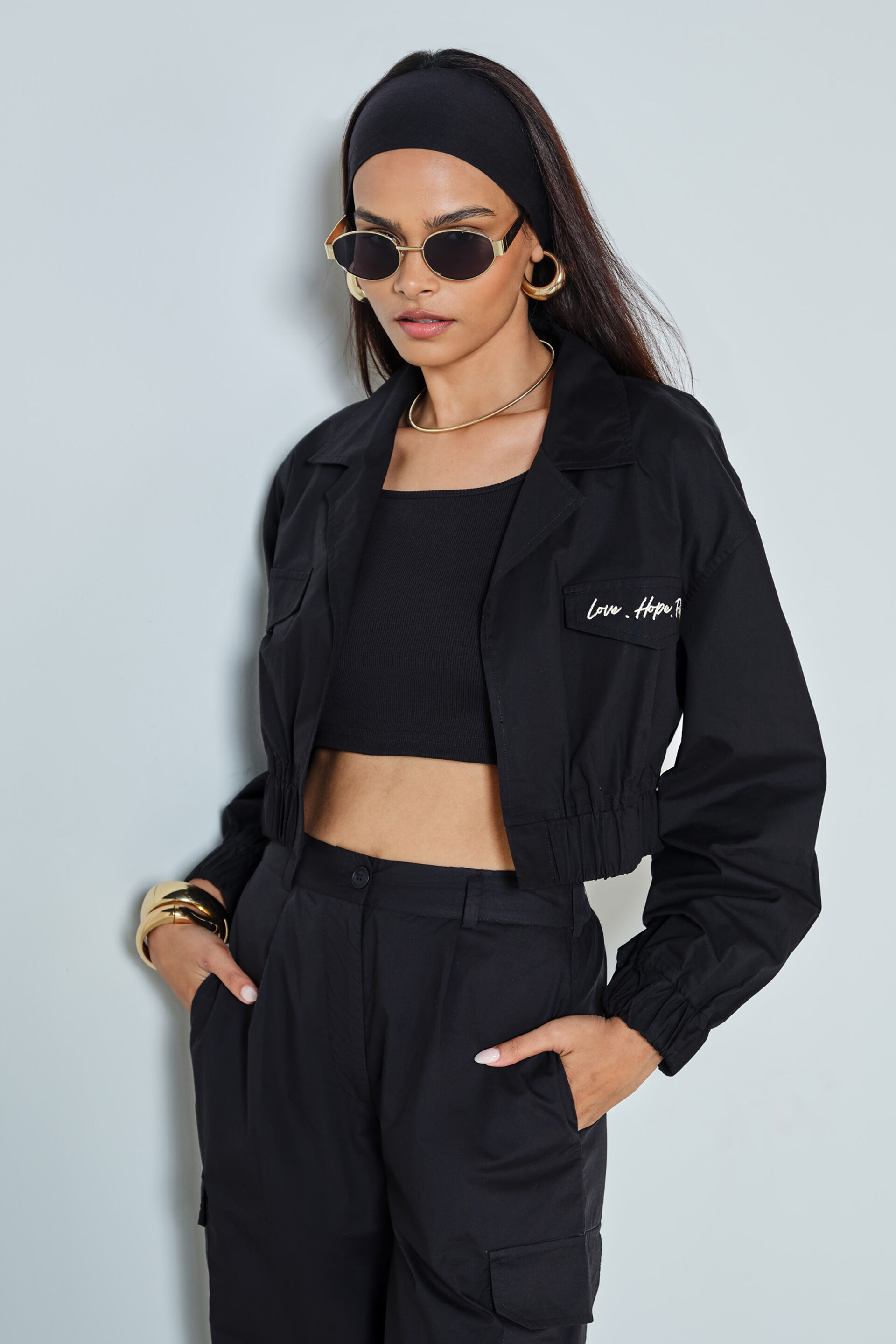 Chica Cropped Cotton Jacket, Black, image 1